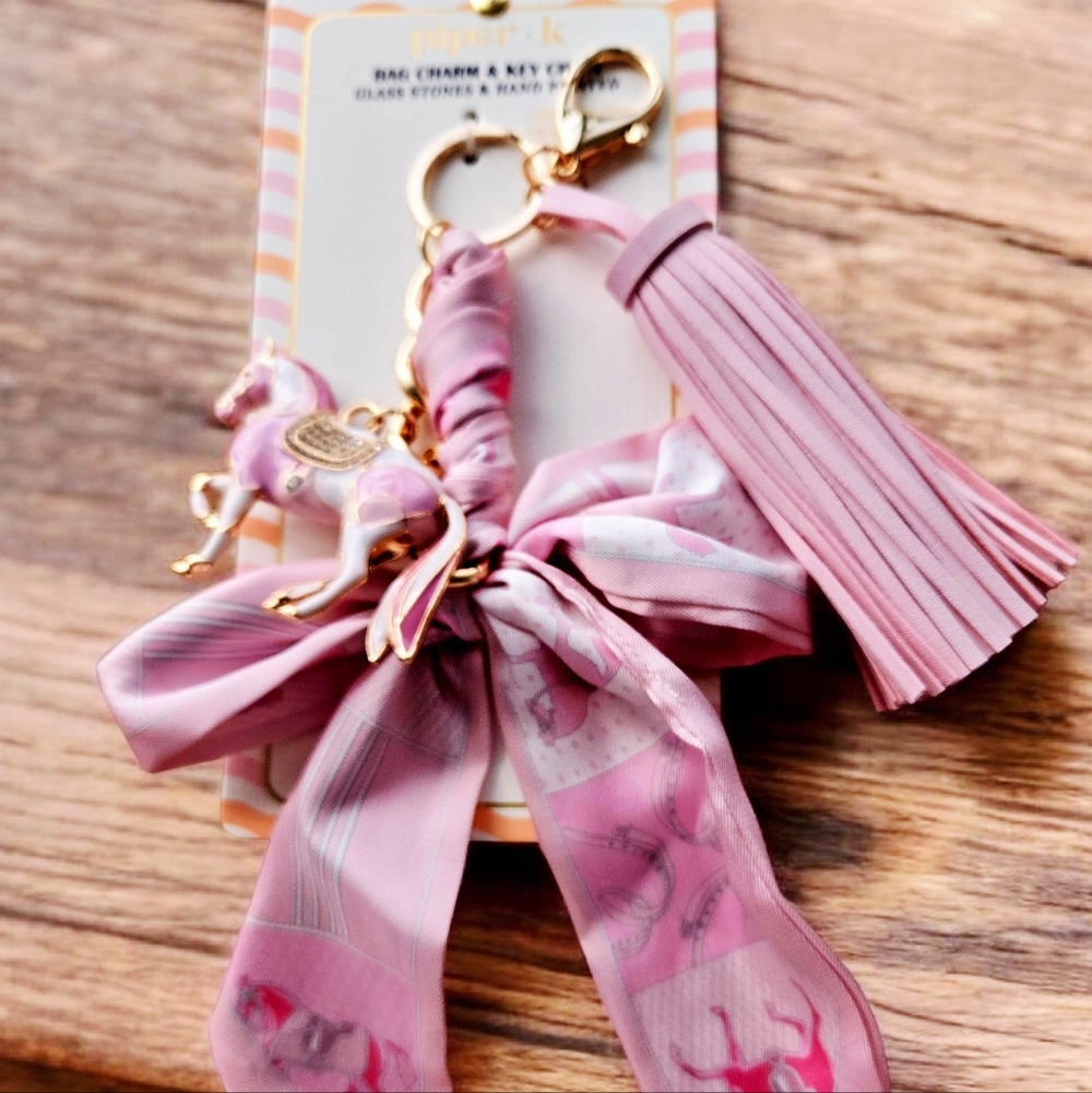 NEW Piper K  Pink Bag Charm & Key Holder Tassel,Bow Glass Stones & Handpainted